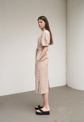 Women's Belted Linen Midi Dress – Short Wide Sleeve Dress with Side Slit and V-Back