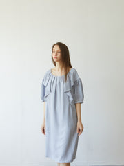 Linen Midi Dress with Ruffle Details and Puff Sleeves – Soft Flowy Women's Summer Dress