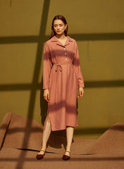Long Sleeve Silk Midi Dress with V-Neckline, Waist Tie, Side Slits, and Button Front Detail