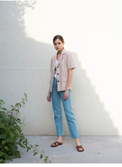Short Sleeve Tailored Linen Blouse with Notched Lapel and Button Front Closure