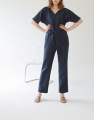 V-Neck Belted Wide-Leg Linen Jumpsuit with Short Sleeves