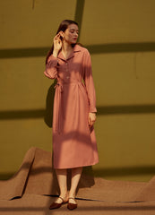 Long Sleeve Silk Midi Dress with V-Neckline, Waist Tie, Side Slits, and Button Front Detail