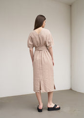 Women's Belted Linen Midi Dress – Short Wide Sleeve Dress with Side Slit and V-Back