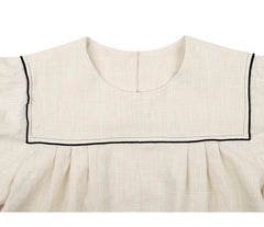 Linen Blouse with Contrast Piping and Structured Sleeves – Women’s Vintage-Inspired Top