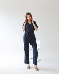 V-Neck Belted Wide-Leg Linen Jumpsuit with Short Sleeves