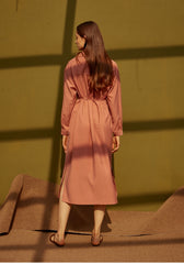 Long Sleeve Silk Midi Dress with V-Neckline, Waist Tie, Side Slits, and Button Front Detail