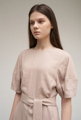 Women's Belted Linen Midi Dress – Short Wide Sleeve Dress with Side Slit and V-Back