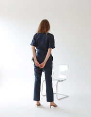 V-Neck Belted Wide-Leg Linen Jumpsuit with Short Sleeves