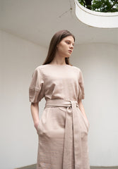 Women's Belted Linen Midi Dress – Short Wide Sleeve Dress with Side Slit and V-Back