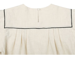 Linen Blouse with Contrast Piping and Structured Sleeves – Women’s Vintage-Inspired Top