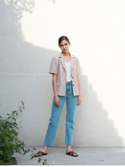 Short Sleeve Tailored Linen Blouse with Notched Lapel and Button Front Closure