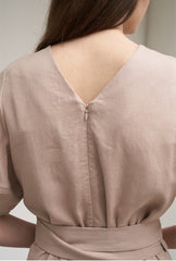 Women's Belted Linen Midi Dress – Short Wide Sleeve Dress with Side Slit and V-Back