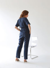 V-Neck Belted Wide-Leg Linen Jumpsuit with Short Sleeves