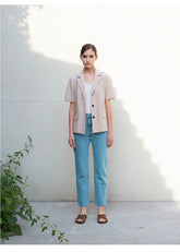 Short Sleeve Tailored Linen Blouse with Notched Lapel and Button Front Closure