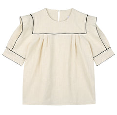 Linen Blouse with Contrast Piping and Structured Sleeves – Women’s Vintage-Inspired Top