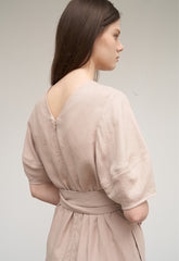 Women's Belted Linen Midi Dress – Short Wide Sleeve Dress with Side Slit and V-Back