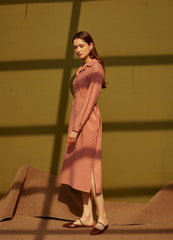 Long Sleeve Silk Midi Dress with V-Neckline, Waist Tie, Side Slits, and Button Front Detail