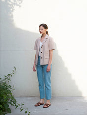 Short Sleeve Tailored Linen Blouse with Notched Lapel and Button Front Closure