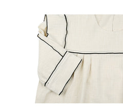 Linen Blouse with Contrast Piping and Structured Sleeves – Women’s Vintage-Inspired Top