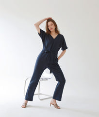 V-Neck Belted Wide-Leg Linen Jumpsuit with Short Sleeves