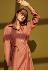 Long Sleeve Silk Midi Dress with V-Neckline, Waist Tie, Side Slits, and Button Front Detail