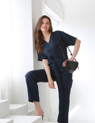 V-Neck Belted Wide-Leg Linen Jumpsuit with Short Sleeves