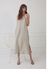 Relaxed-Fit Linen Shirt Dress With Side Tie And Curved Hemline