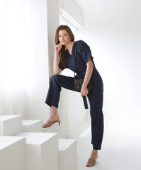 V-Neck Belted Wide-Leg Linen Jumpsuit with Short Sleeves