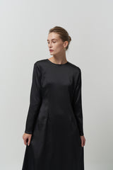 Elegant Long-Sleeve A-Line Silk Midi Dress for Women with Smooth Satin Texture and Flowy Drape