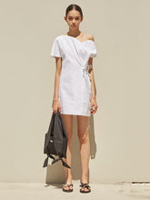 Asymmetrical Off-Shoulder Linen Mini Dress with Side Tie and Soft Draped Silhouette