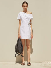 Asymmetrical Off-Shoulder Linen Mini Dress with Side Tie and Soft Draped Silhouette