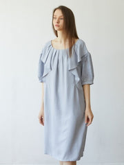 Linen Midi Dress with Ruffle Details and Puff Sleeves – Soft Flowy Women's Summer Dress