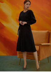 Women's Linen Button-Down Midi Dress with Long Sleeves and Waist Tie for Timeless Style
