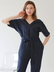 V-Neck Belted Wide-Leg Linen Jumpsuit with Short Sleeves