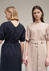 Women's Belted Linen Midi Dress – Short Wide Sleeve Dress with Side Slit and V-Back