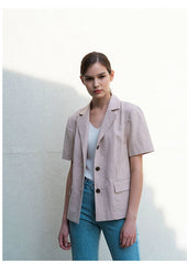Short Sleeve Tailored Linen Blouse with Notched Lapel and Button Front Closure