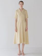 Elegant Short-Sleeve Linen Midi Dress with Shawl Collar and Button-Down Front Closure