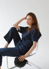 V-Neck Belted Wide-Leg Linen Jumpsuit with Short Sleeves