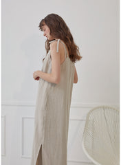 Relaxed-Fit Linen Shirt Dress With Side Tie And Curved Hemline