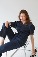V-Neck Belted Wide-Leg Linen Jumpsuit with Short Sleeves