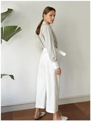 High-Waisted Wide-Leg Linen Pants with Belted Waistband and Tailored Pleats for Women