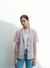 Short Sleeve Tailored Linen Blouse with Notched Lapel and Button Front Closure