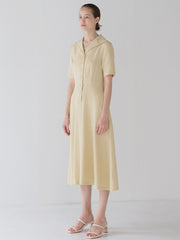 Elegant Short-Sleeve Linen Midi Dress with Shawl Collar and Button-Down Front Closure