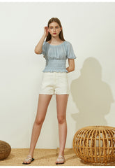 Puff Sleeve Shirred Linen Blouse with Stretch Waist and Ruffle Hem for Flattering Fit
