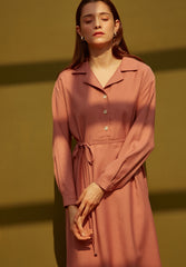 Long Sleeve Silk Midi Dress with V-Neckline, Waist Tie, Side Slits, and Button Front Detail