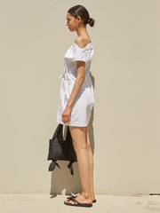 Asymmetrical Off-Shoulder Linen Mini Dress with Side Tie and Soft Draped Silhouette