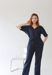 V-Neck Belted Wide-Leg Linen Jumpsuit with Short Sleeves