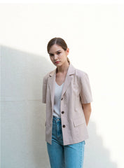 Short Sleeve Tailored Linen Blouse with Notched Lapel and Button Front Closure