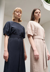 Women's Belted Linen Midi Dress – Short Wide Sleeve Dress with Side Slit and V-Back