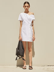 Asymmetrical Off-Shoulder Linen Mini Dress with Side Tie and Soft Draped Silhouette